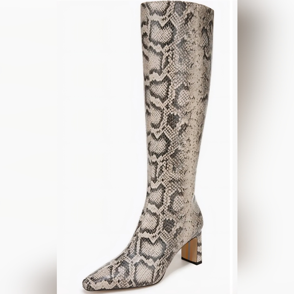 Sam Edelman Snake Print Knee-High Heeled Boots in Gray and Cream